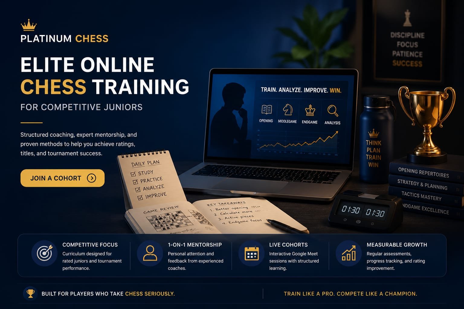 Platinum Chess — Elite online chess training for competitive juniors. Live Google Meet cohorts and 1-on-1 mentorship.